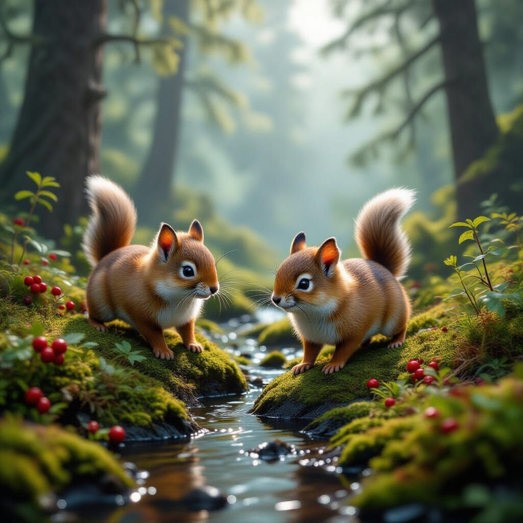 Lush Forest Scene with Rabbits, Impressionistic Style