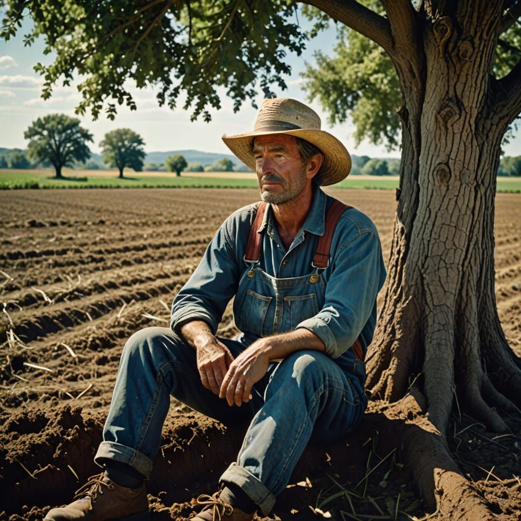 Farmer Contemplating Fields: Cinematic Film Still