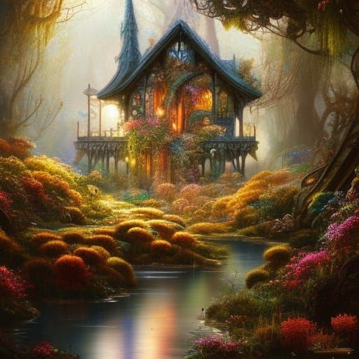 Crystal Cube Reflecting Haunted Mansion, Hyperdetailed Art