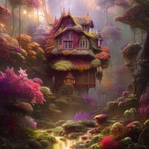 Fantastical Brick House in Rainy Forest: Detailed Matte Pain...