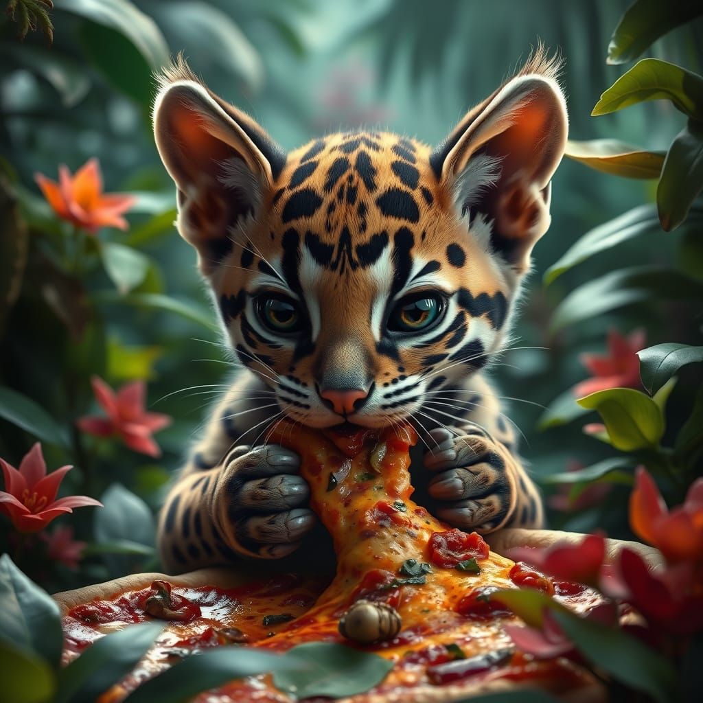 Ocelot's Jungle Feast: Pizza in a Digital Art Style