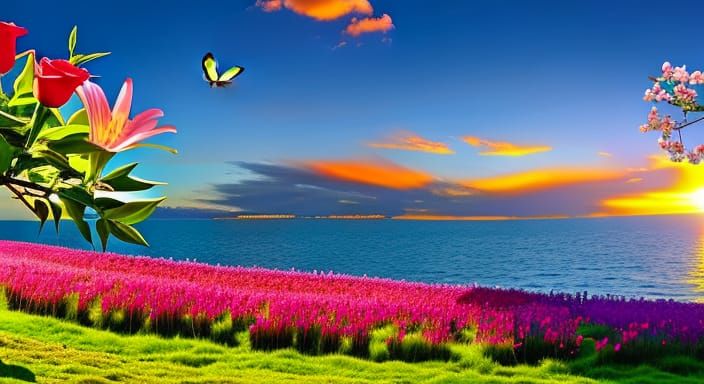Vibrant Sunset Garden with Birds and Butterflies