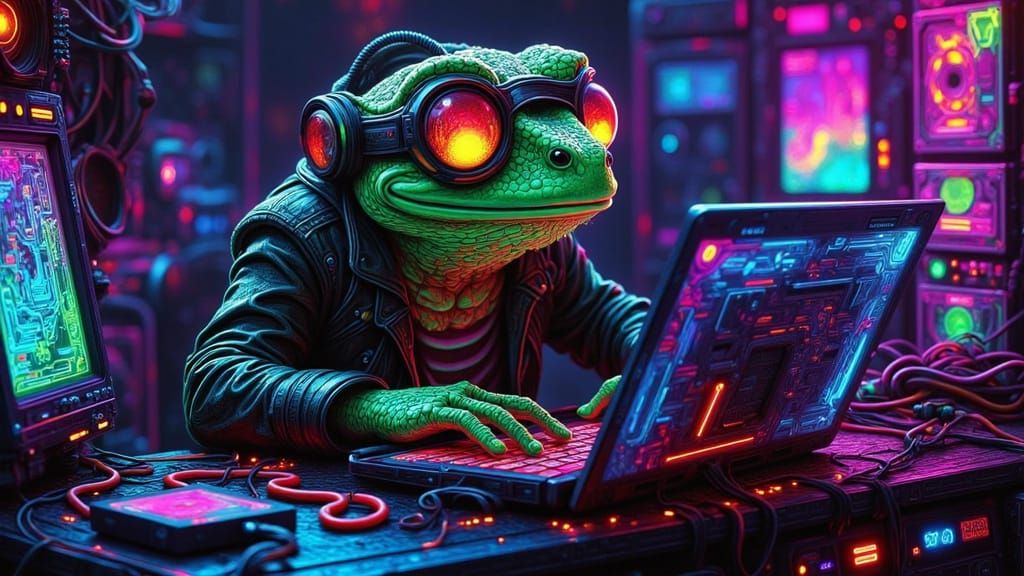 Cyberpunk Frog Hacker in Neon-Lit Bedroom