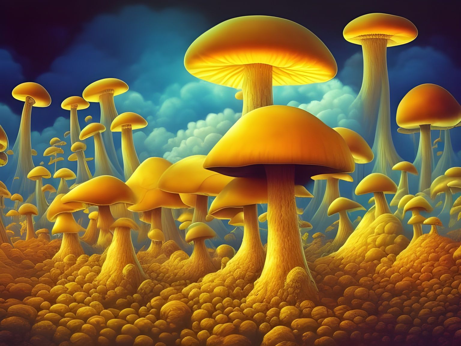 Giant Mycelium Emerging from Biomorphic Clouds in Yerka Styl...