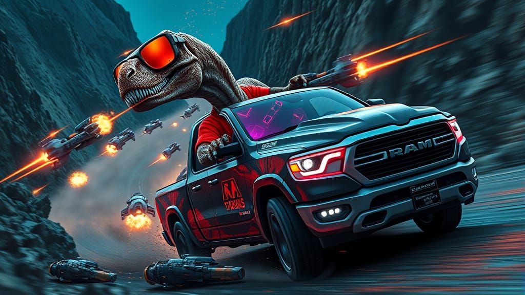 Cyberpunk Velociraptor Speeds Through Futuristic Landscape i...