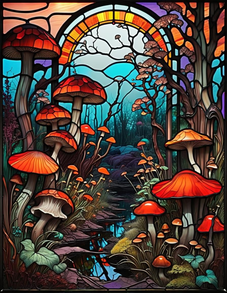 Psychedelic Stained Glass Landscape in Art Nouveau Style