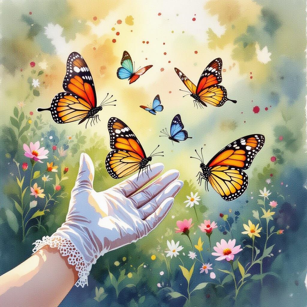 Butterflies and Lace in Watercolor Splatter Style