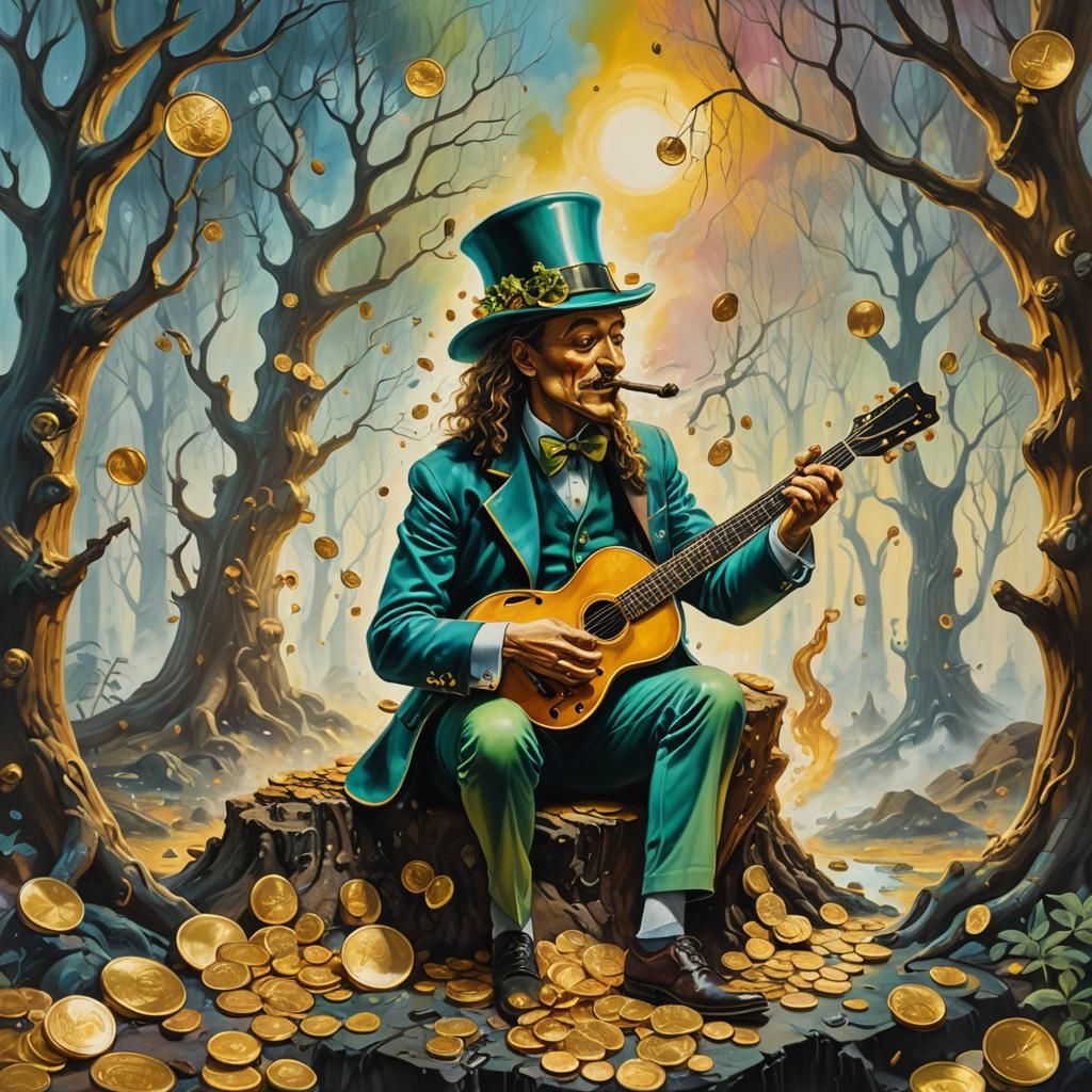 Leprechaun Guitarist in Dreamlike Surrealist Forest