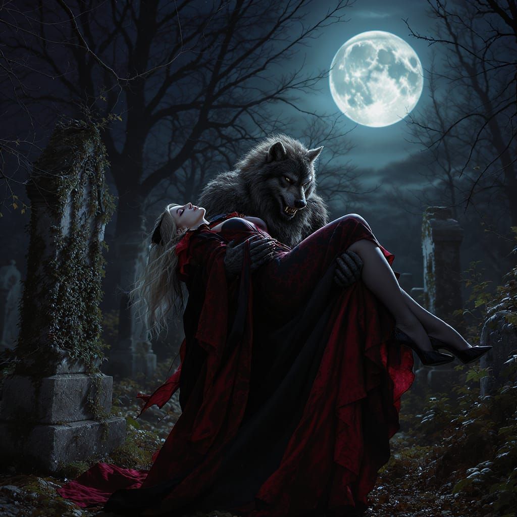 Wolfman Carries Vampire Through Graveyard, Hyperrealistic St...