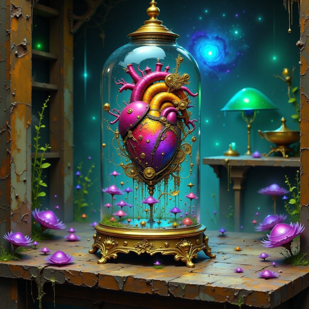 Arcane Clockwork Heart in Glass Jar, Digital Painting