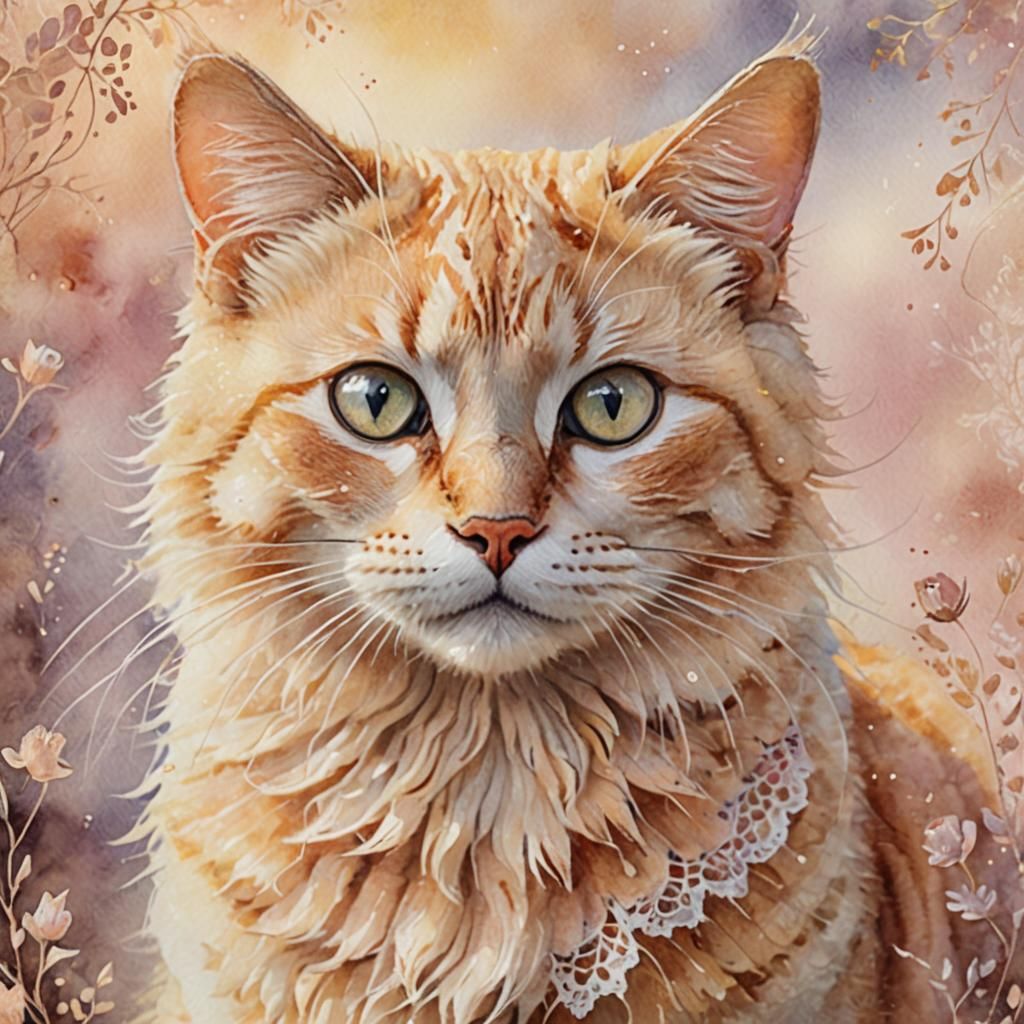 Rosy Cat in Lace: Whimsical Watercolor Portrait
