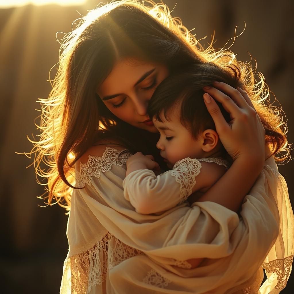 Mother's Loving Embrace in Golden Light