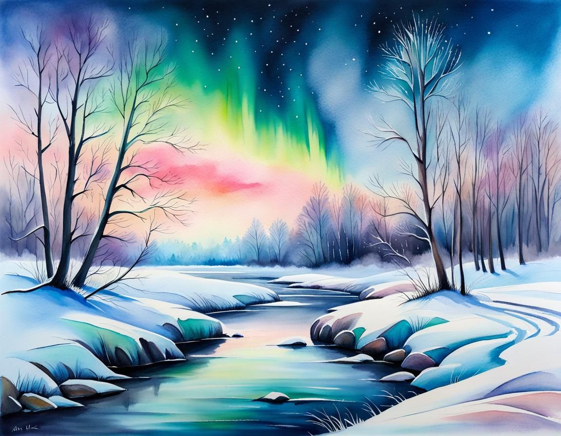 Pastel Winter Landscape with Northern Lights