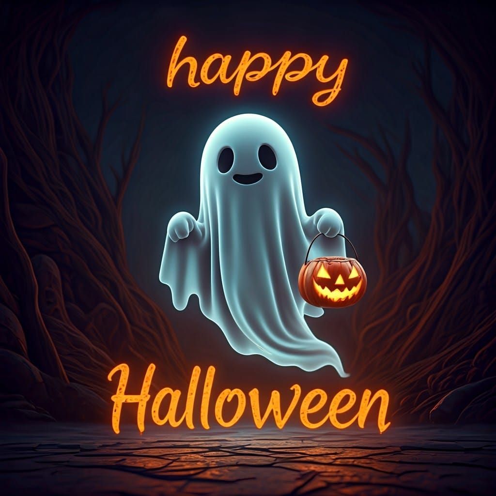 Ethereal Ghost with Pumpkin Bucket: Happy Halloween