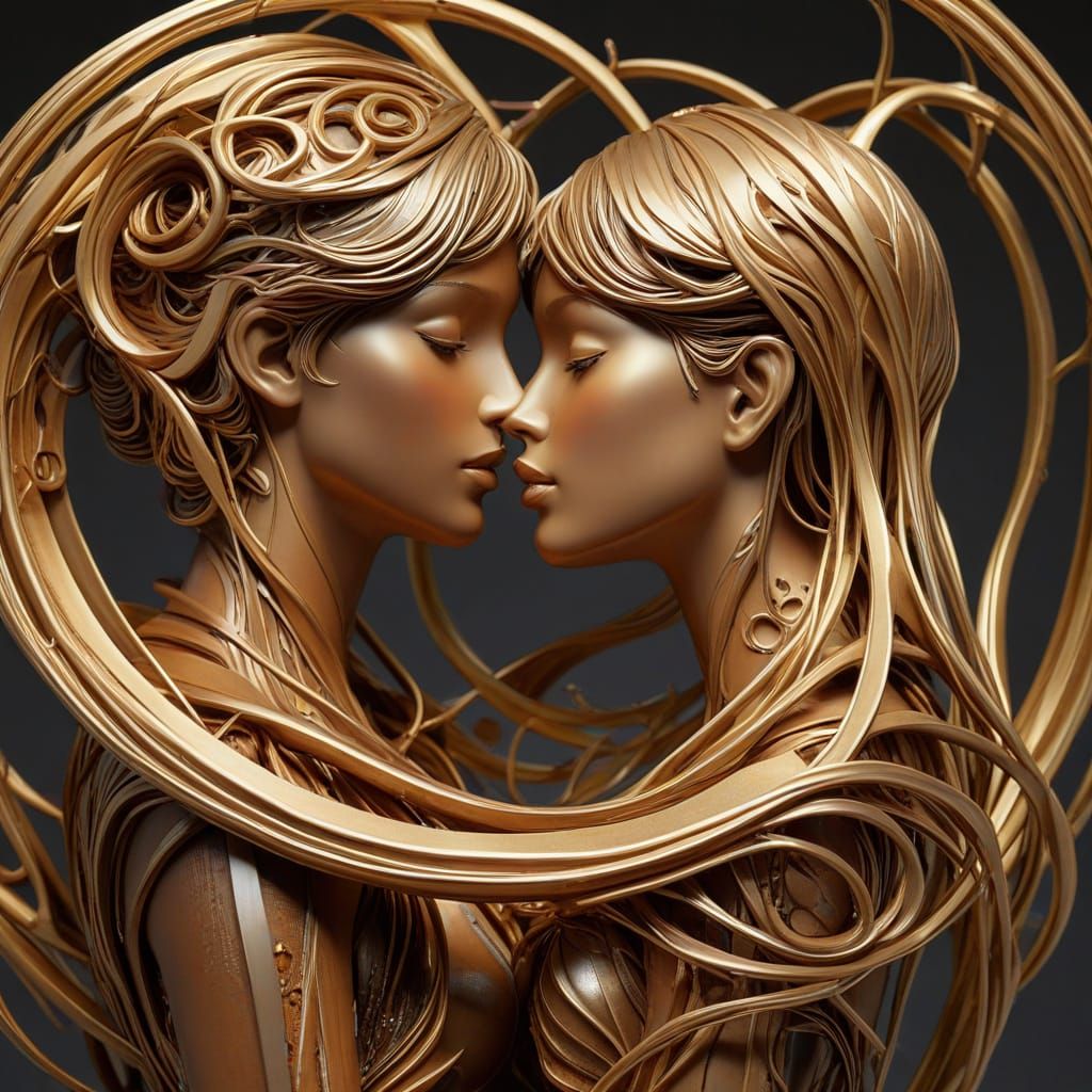 Couple Embracing in Geometric Abstraction with Metallic Text...