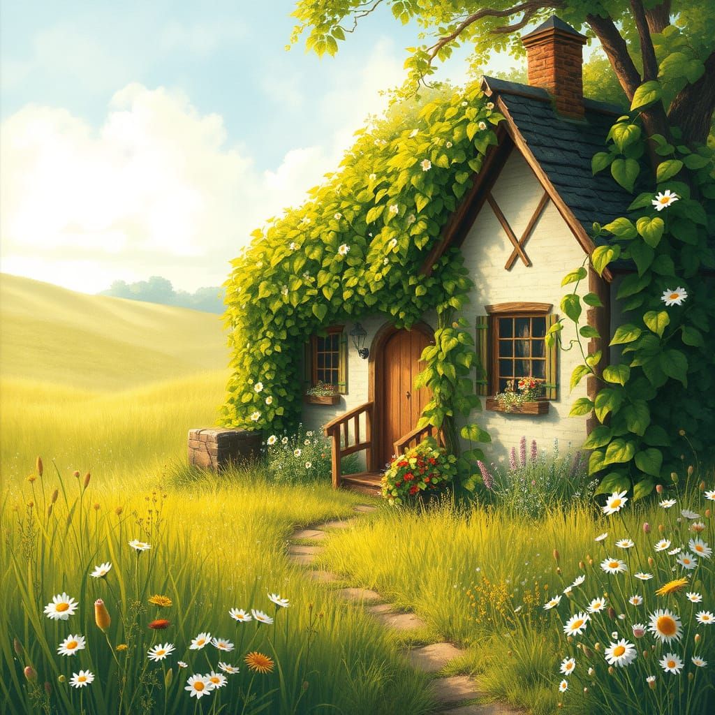 Whimsical Cottage Amidst Vibrant Wildflowers in a Secluded M...