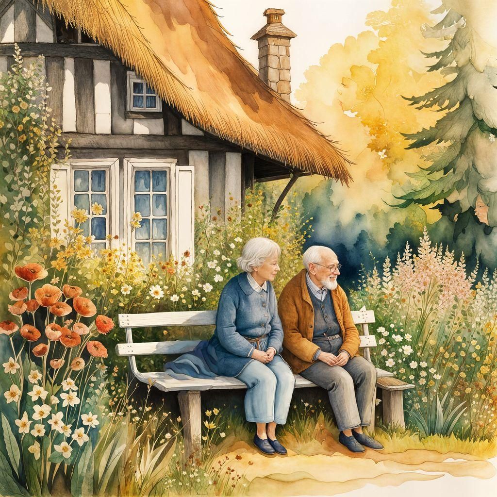 Charming Watercolour: Elderly Couple in Autumnal Cottage Gar...