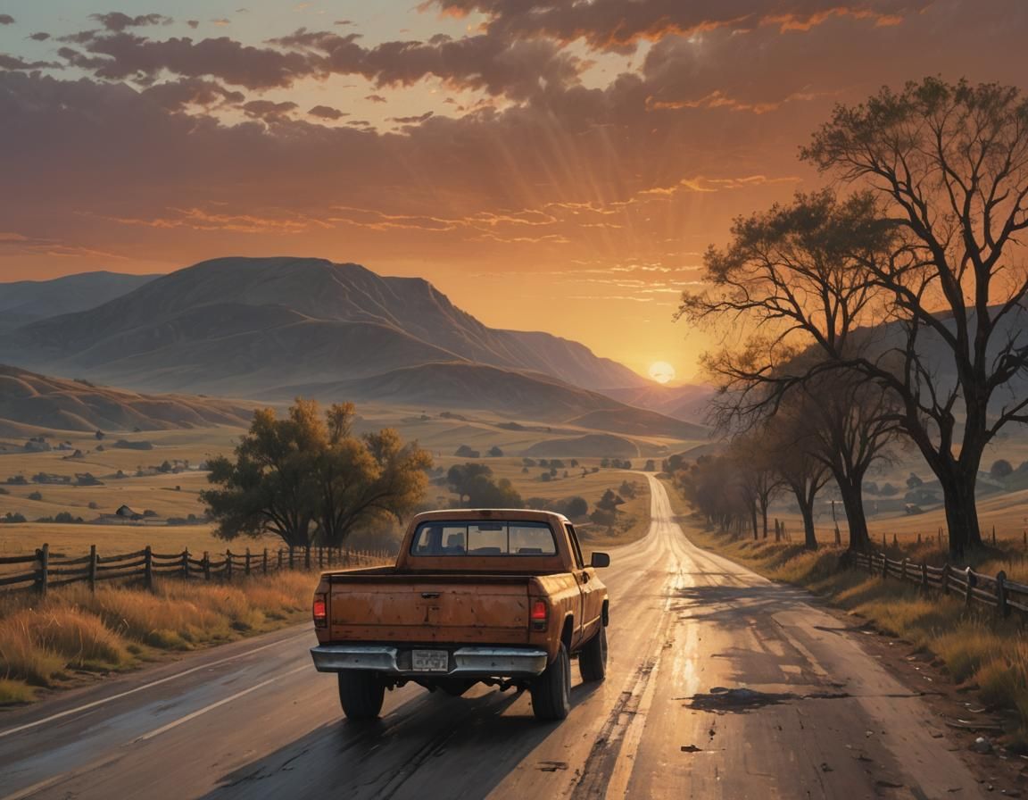 Americana Sunset: Pickup Truck on Country Highway