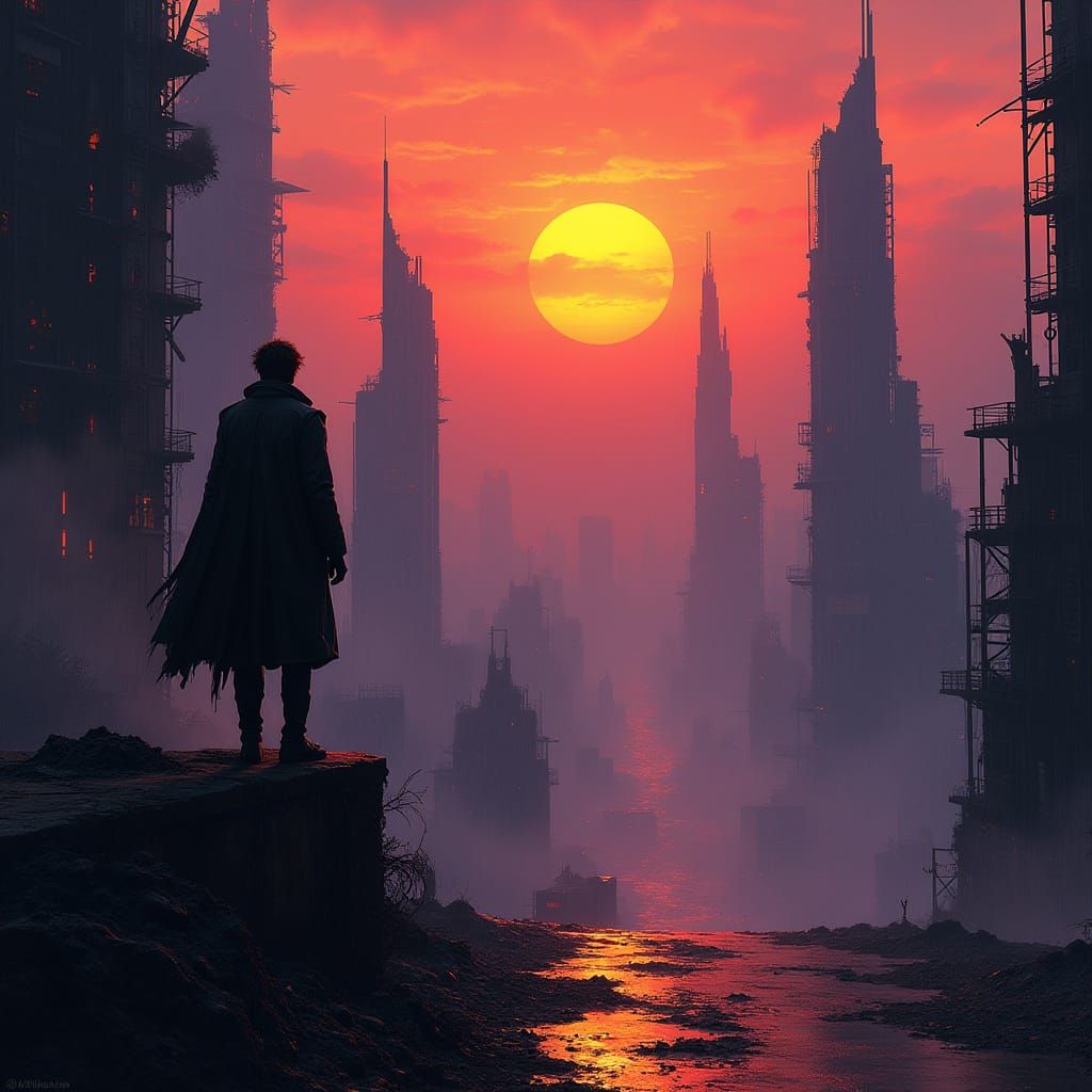 Cyberpunk Watchman at Sunset Over Ruined City