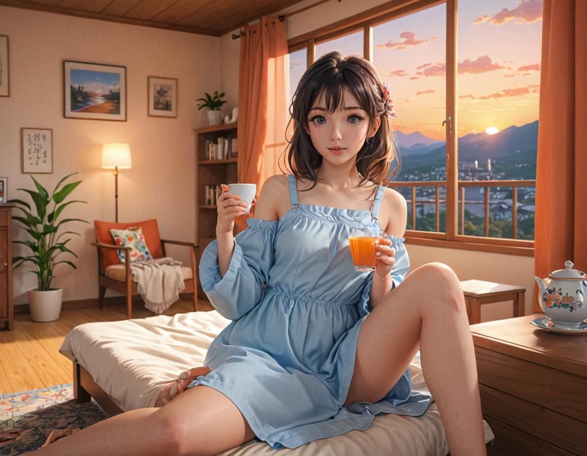 Anime Woman Drinking Tea in Sunset Room