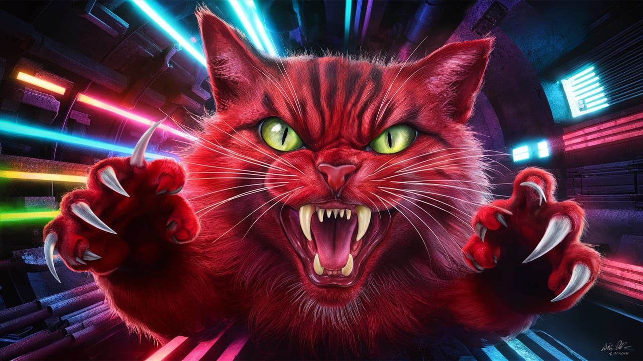 Fierce Atomic Cat in Cyberpunk Splash Art