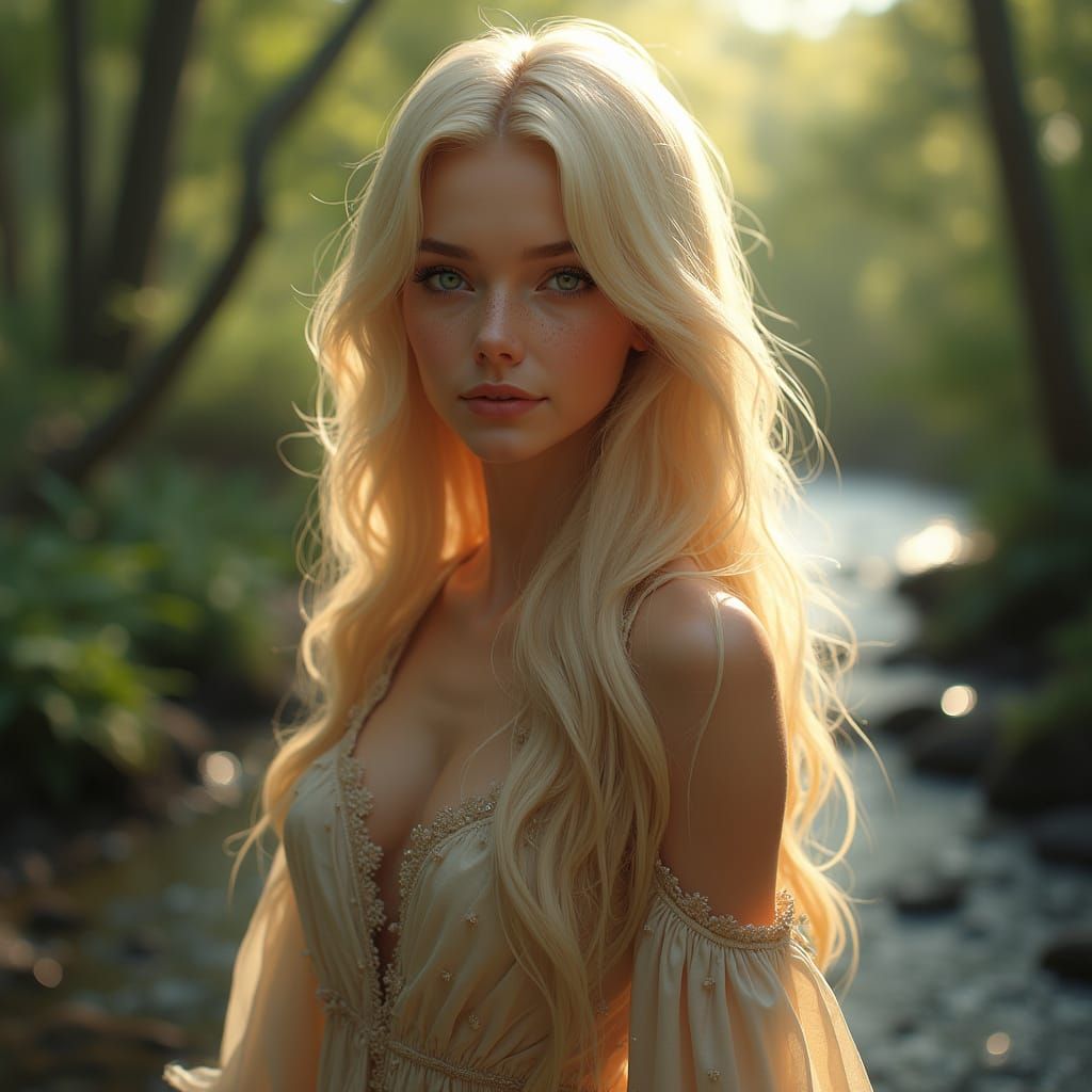 Beautiful Woman in Sun-Dappled Woodland, Detailed Portrait