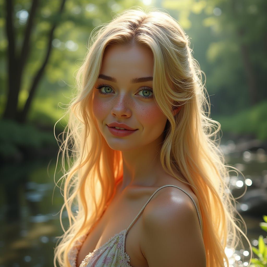 Beautiful 20s Woman in Sun-Dappled Woodland, Fantasy Realism...