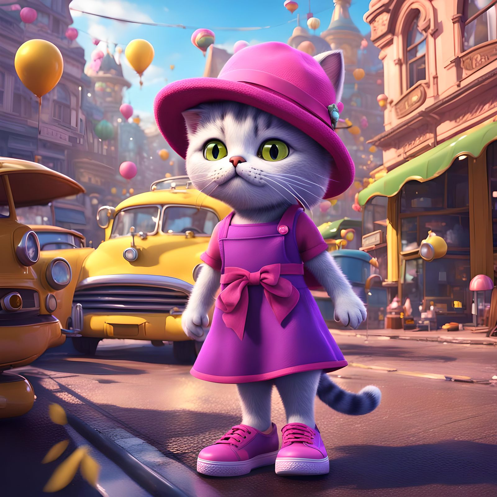 Cartoon Kitty in a Cityscape as Digital Art
