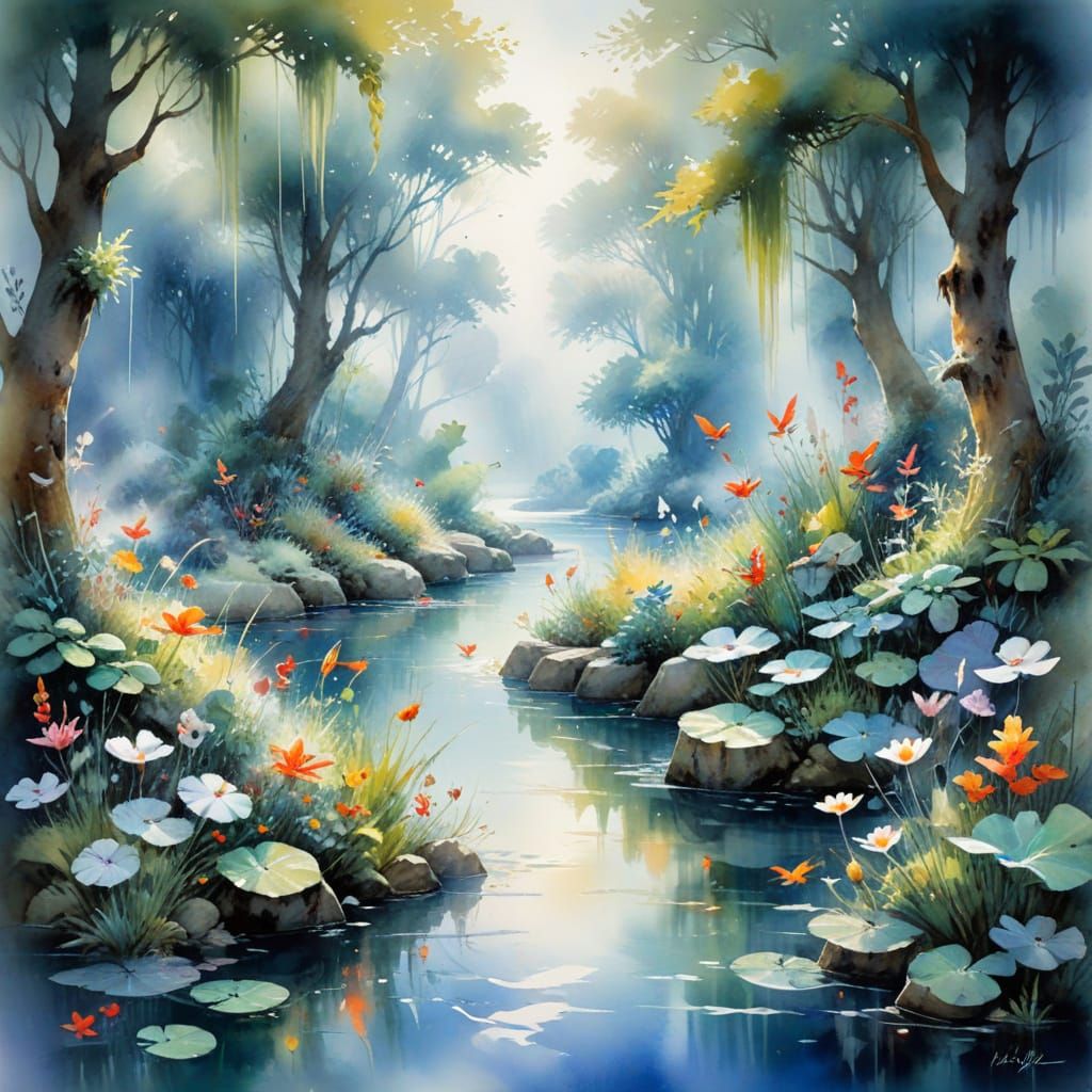 Enchanted River with Mythical Creatures in Watercolour Style