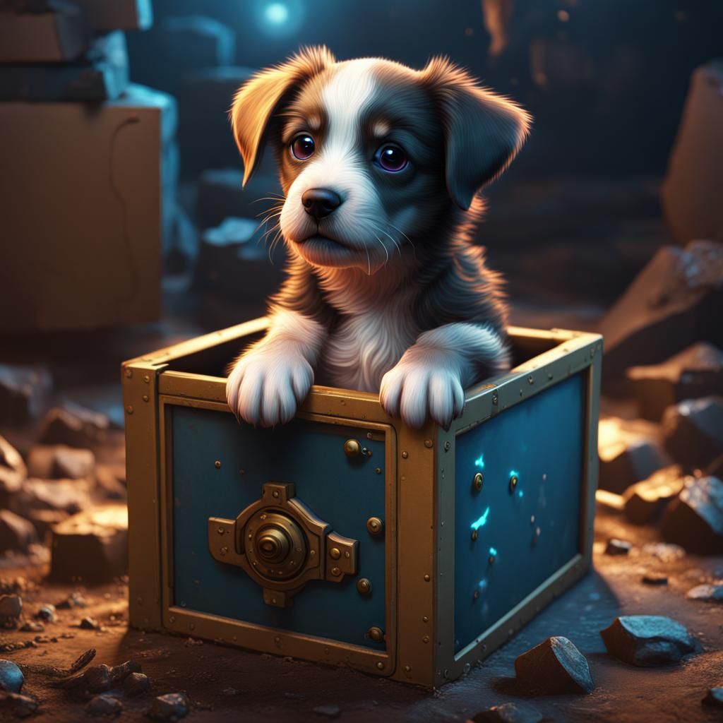 Puppy in a Box: Detailed Fantasy Concept Art