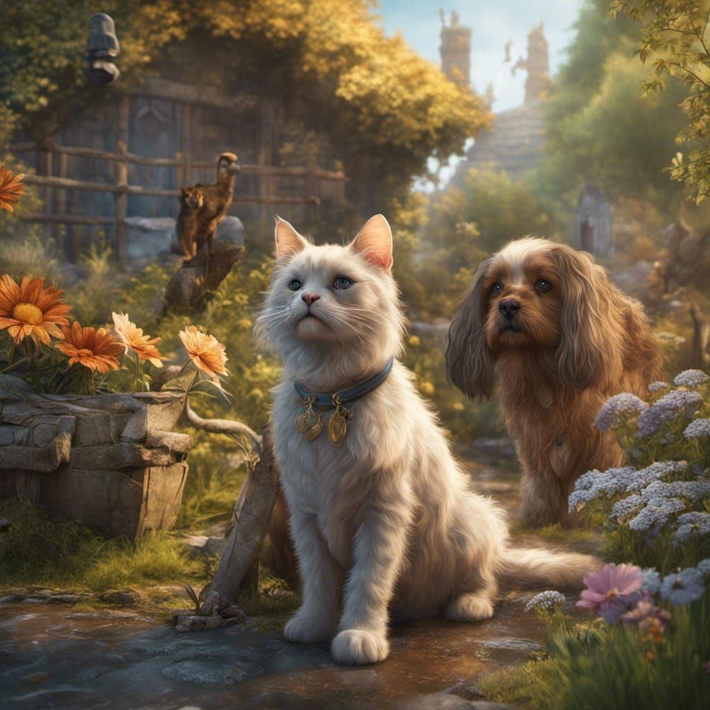 Cat and Dog Cuddling: Detailed Matte Painting