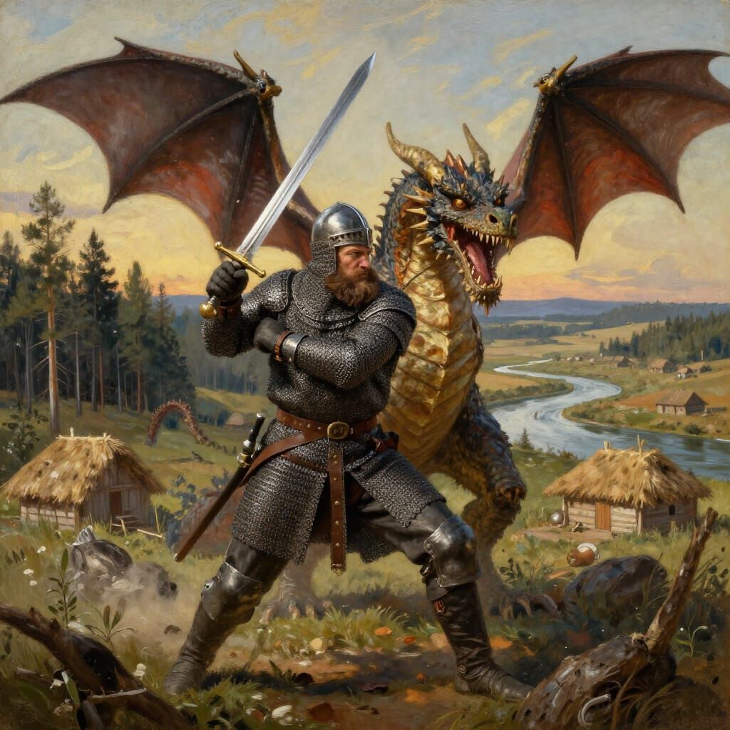 Russian Knight Battles Dragon in Epic Landscape
