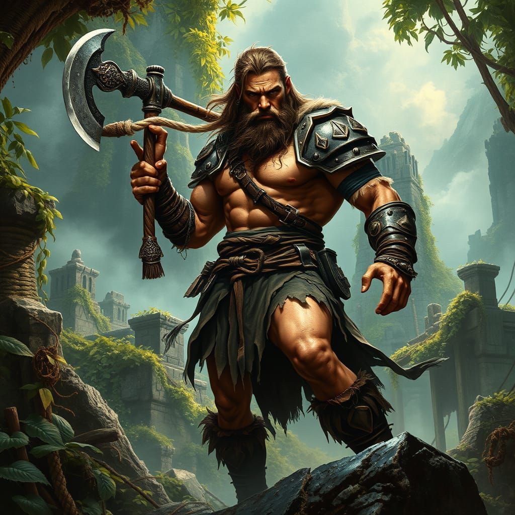 Heroic Barbarian in Vibrant Jungle Ruins