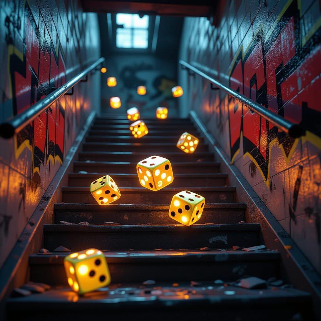 Luminous Dice Tumble Down Bronx Stairwell