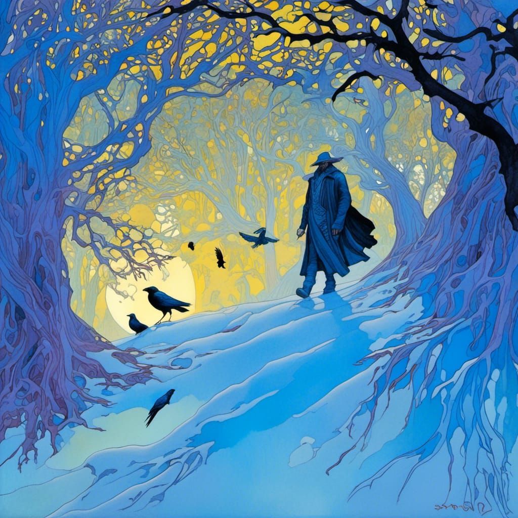 Odin Walking with Crows: 3D Realism, Art Nouveau