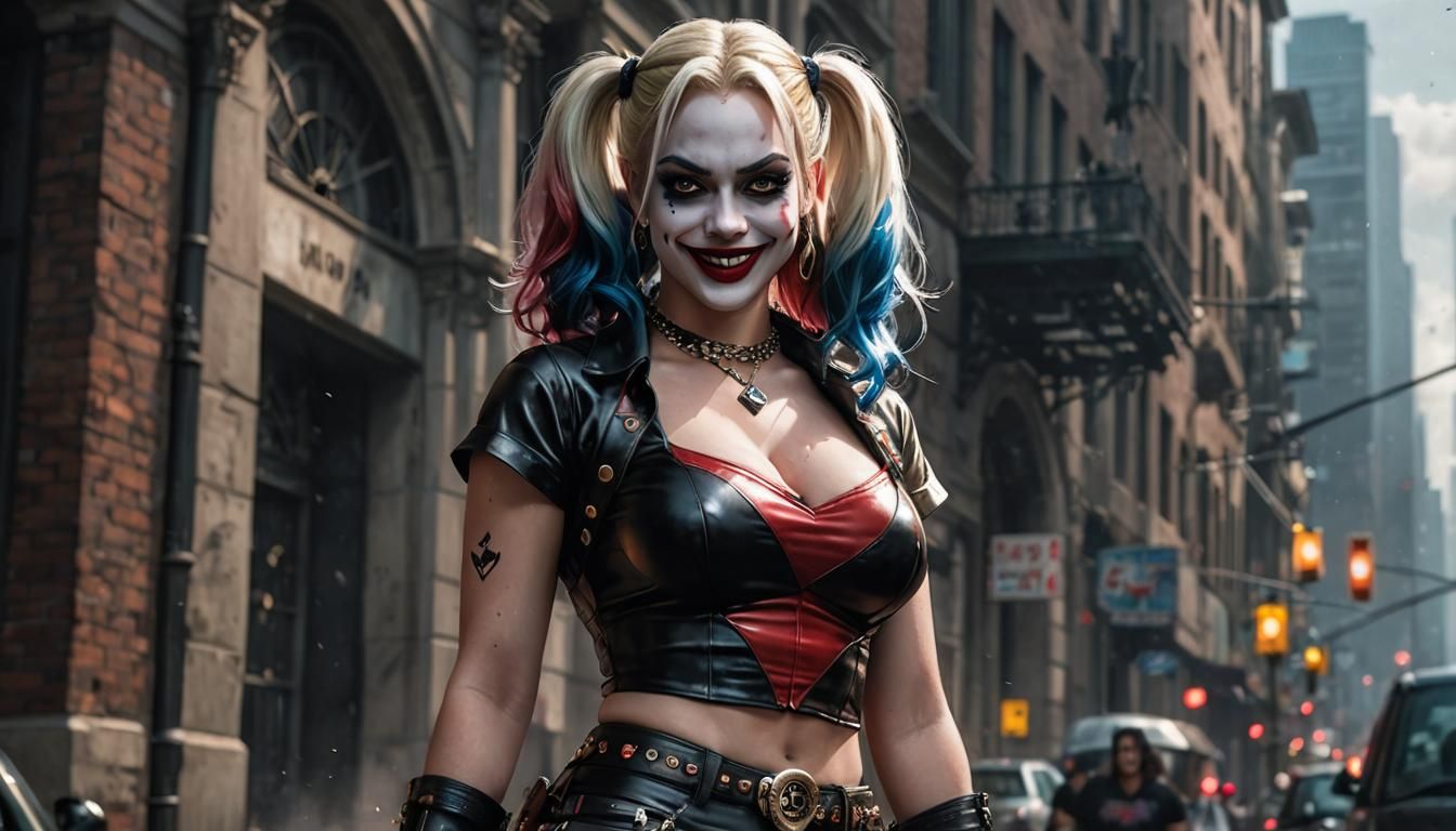 Harley Quinn with Goth Makeup, Hyperrealistic Digital Art