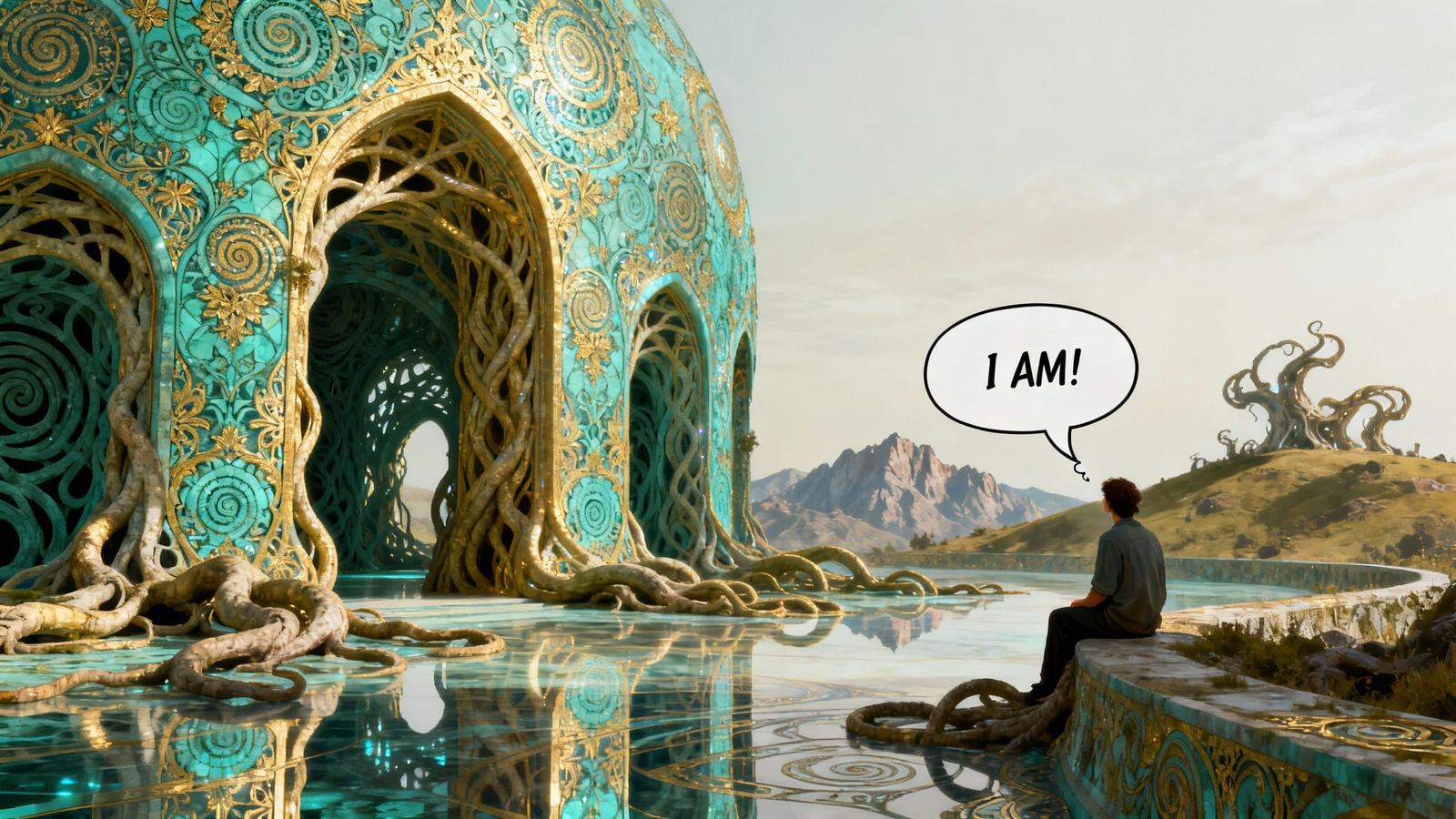 Lone Figure Gazes at Surreal Hills and Arches