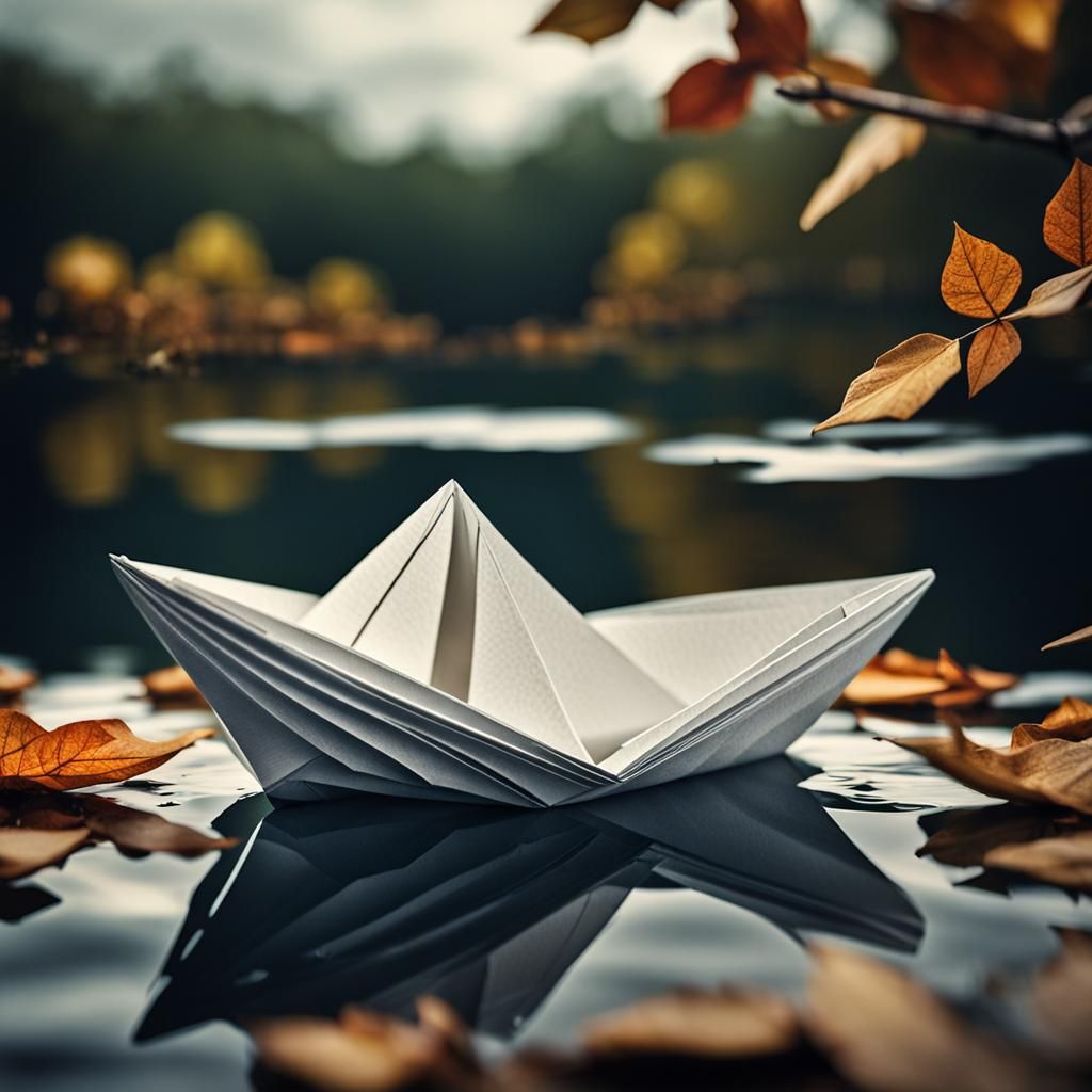 Hyperrealistic Paper Boat on a Lake