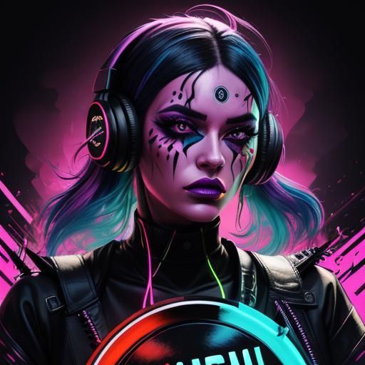 Female DJ in Acid Art Style with Neon Lights