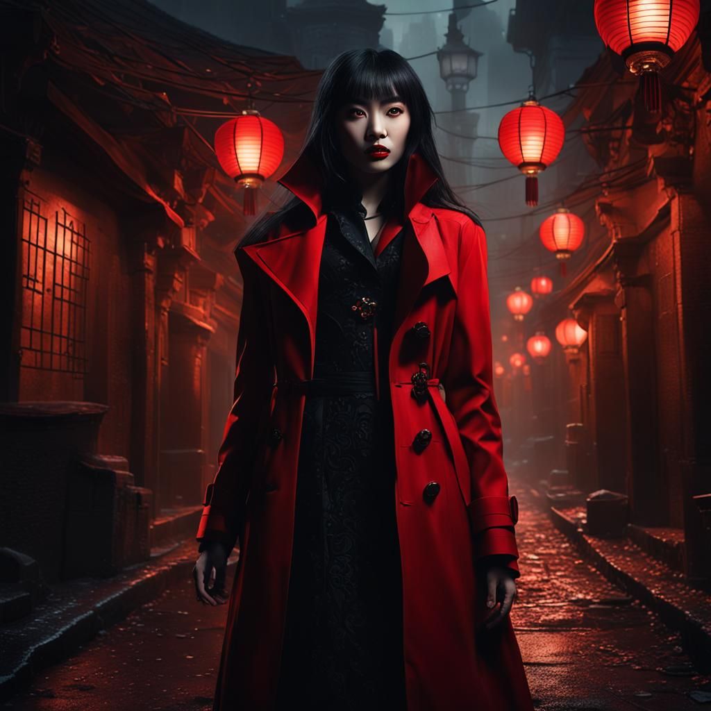 Chinese Vampire in Red Coat, Fantasy Art