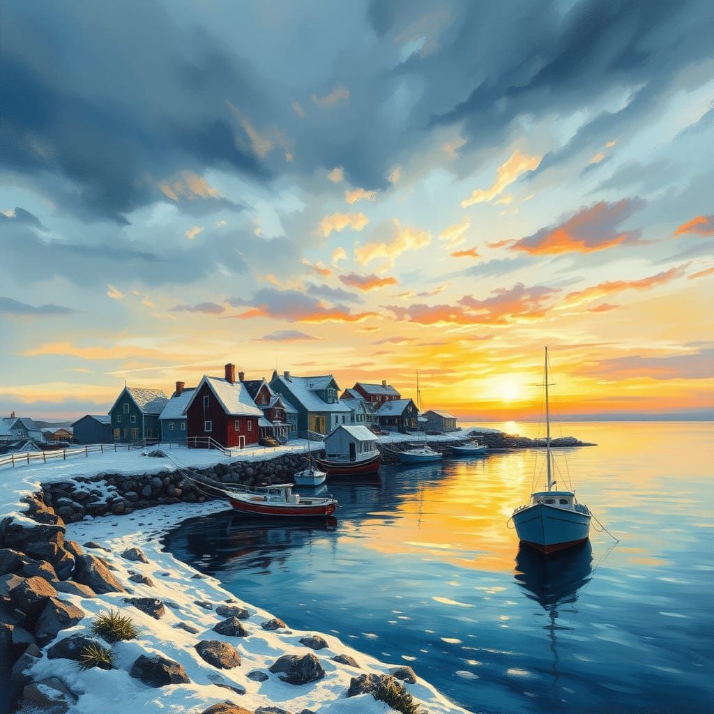 Coastal Fishing Village at Winter Sunrise: Hyper-Realistic W...