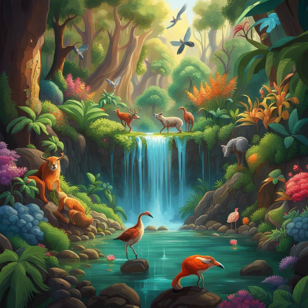 Hyperrealistic Waterfall Scene with Lush Forest