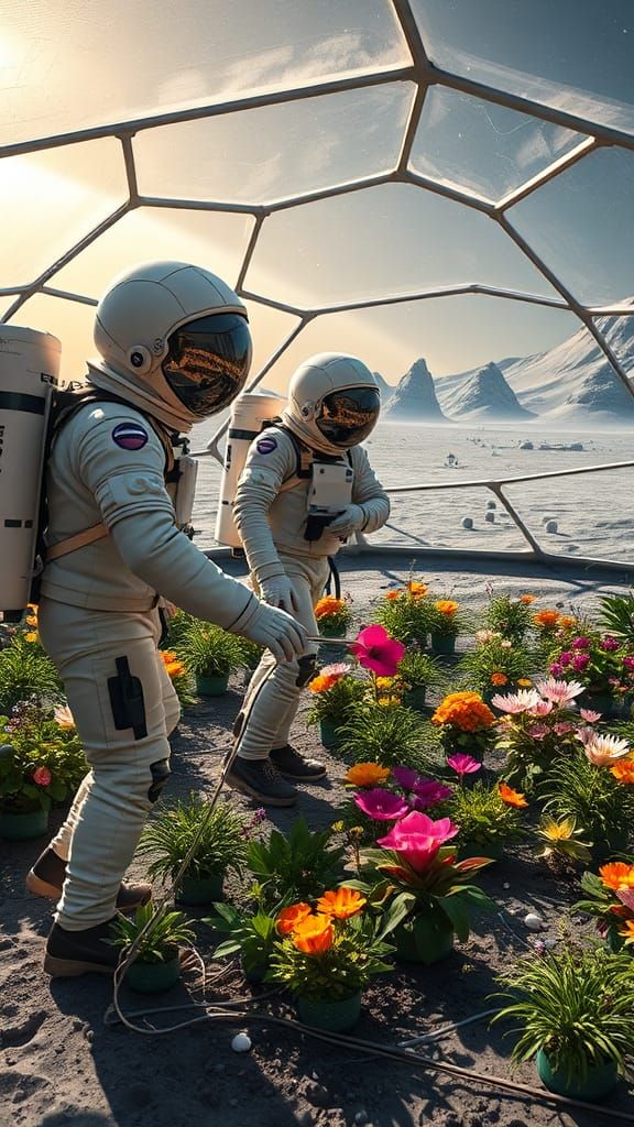 Tending to flowers in a geodesic dome on the moon. 💐