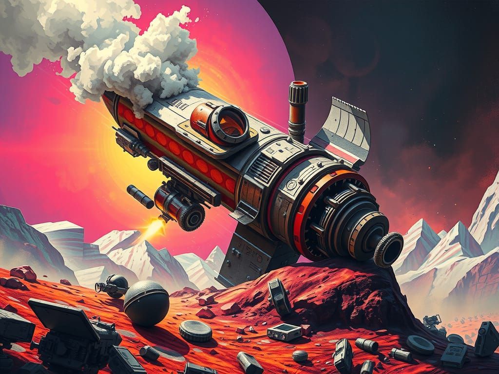 Retro Rocket Crash on Alien Planet in Splash Art