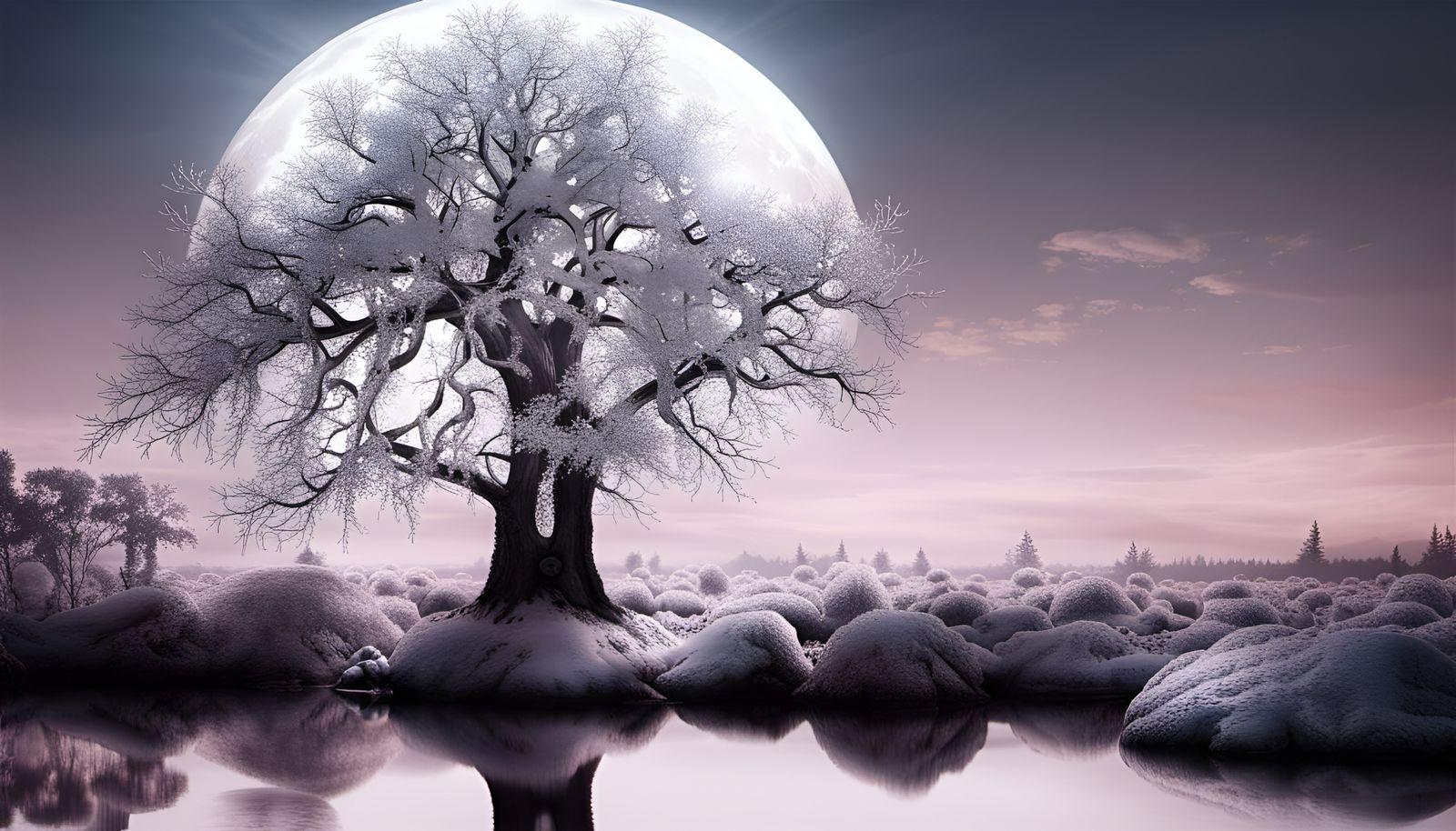 Blue Crystal Tree in Snowy Ice Landscape