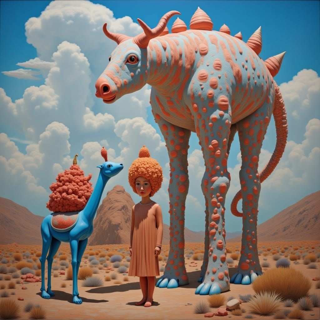 Mysterious Female Figure Surrounded by Giant Ethereal Beasts...