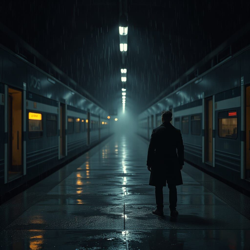 Gloomy Train Station at Dusk with Blurred Lights