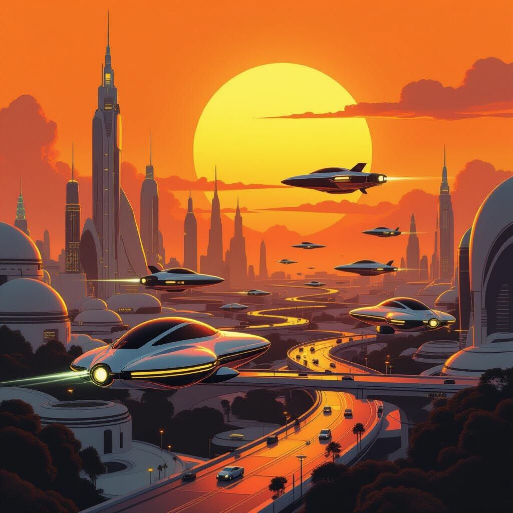 Retro Futurism Cityscape at Sunset