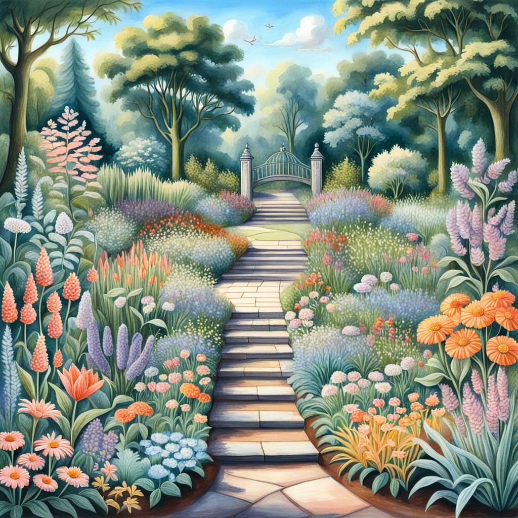 A botanical garden drawn in chalk, showcasing a variety of p...