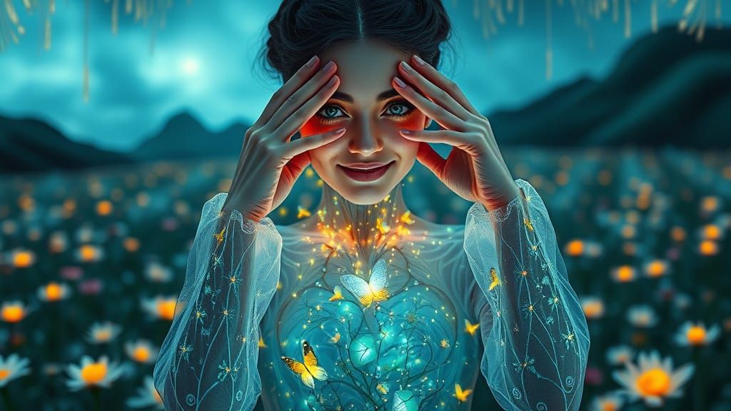 Luminous Firefly Woman in Mirror Field: Surreal Digital Art
